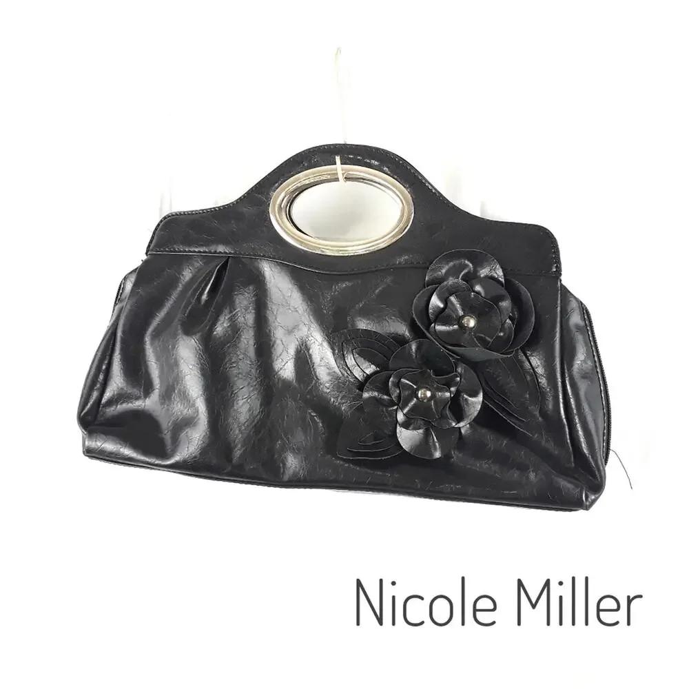 NICOLE MILLER Black Faux Leather Clutch Purse with Flowers Vegan Leather